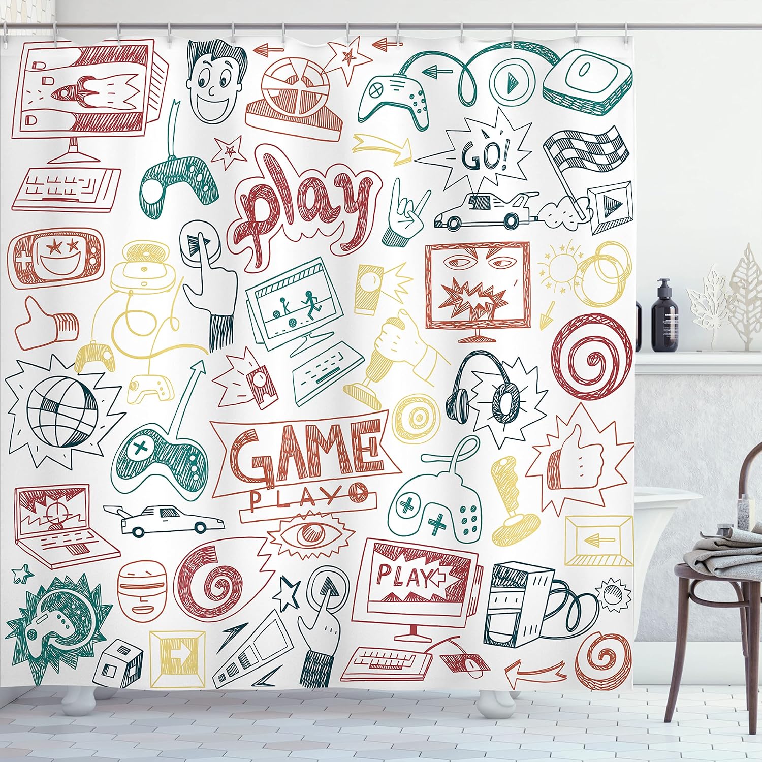 Ambesonne Video Games Shower Curtain, Monochrome Sketch Gaming Design Racing Monitor Device Gadget Teen 90's, Cloth Fabric Bathroom Decor Set with Hooks, 69" W x 70" L, Redbrown Beige