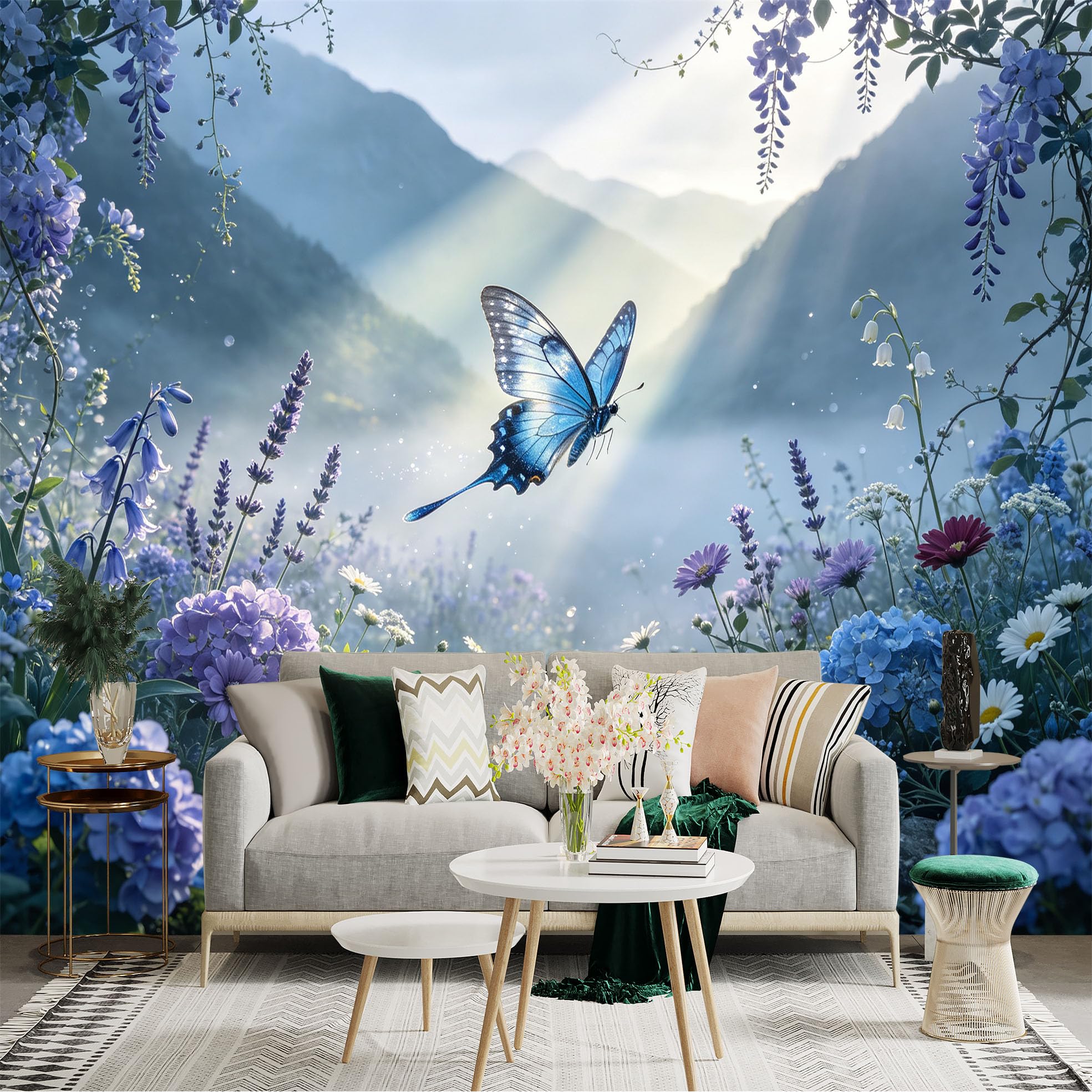 Lnzczhyre Bh260719700 Custom Size Wall Sticker Mural， Blue Butterfly In Magical Garden， Misty Morning Landscape With Flowers， For Wall Decoration， Peelandstick Wall Decals.