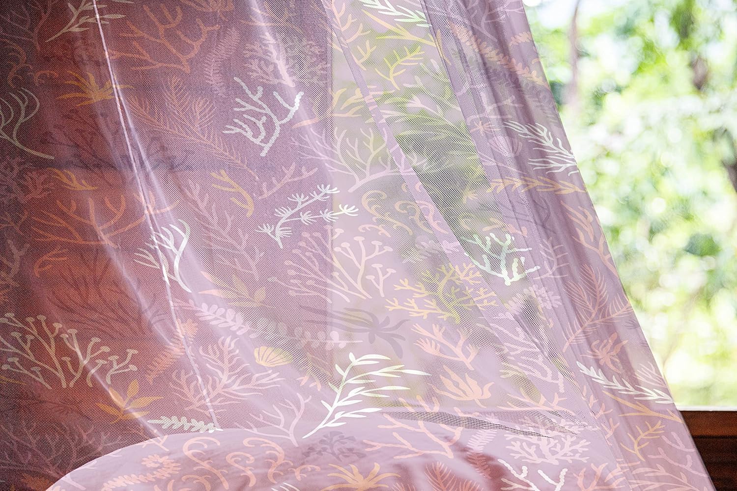 Lunarable Aquarium Leaf Tulle Curtains with Rod Pocket, Repetitive Underwater Coral Pattern in Purple and Orange Tones, Sheer Drape for Wedding Party 2 Panels, 108" x 84", Blush Eggplant Pale Pink