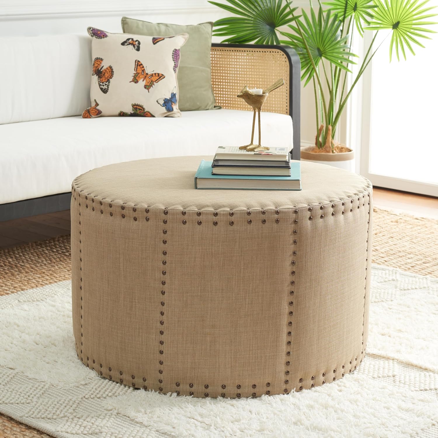 Safavieh Mercer Collection Faith Beige Nailhead Round Ottoman