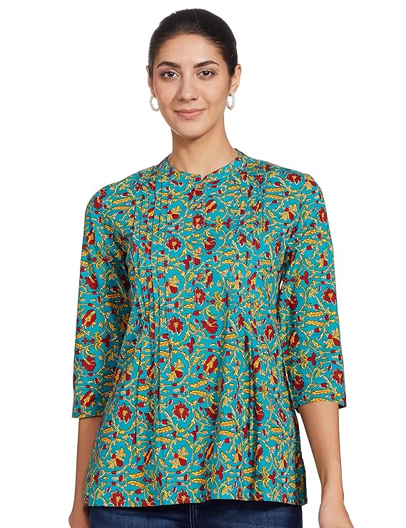 Amazon Brand – Myx Women’s Cotton Printed A-line Short Kurti – Blue Floral