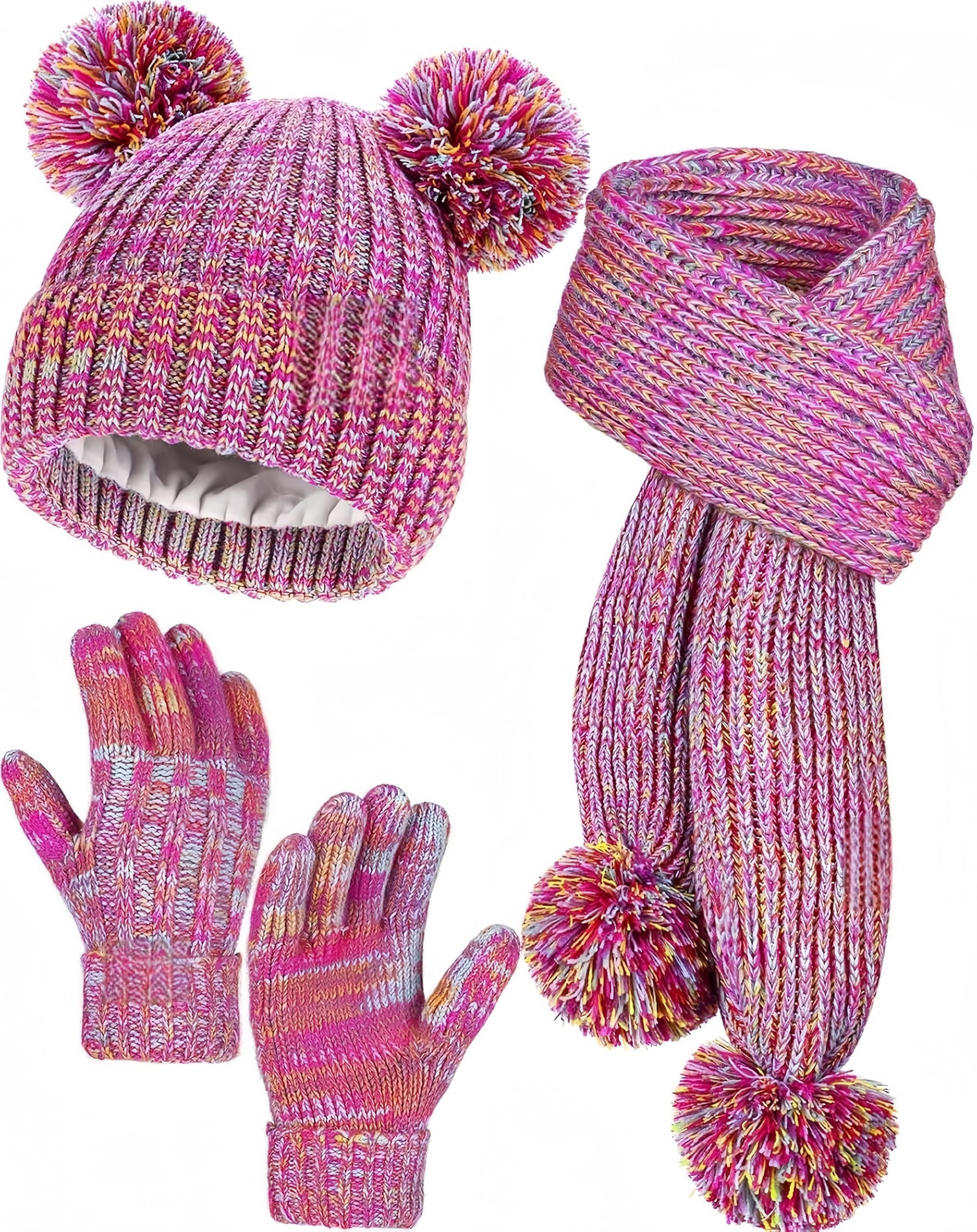 Mckkymi Kids Winter Gloves Hat Scarf Set for Cold Weather, Toddler Children Girls Fleece Lined Knit Pom Pom Beanie, Neck Warmer & Mittens Kids Christmas Gifts for Girls 3 4 5 6 7 8 Years Old - Rainbow