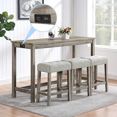 Merax Juego de mesa de bar de 4 piezas con toma de corriente, mesa de bar de comedor y sillas, mesa de desayuno industrial con 3 taburetes