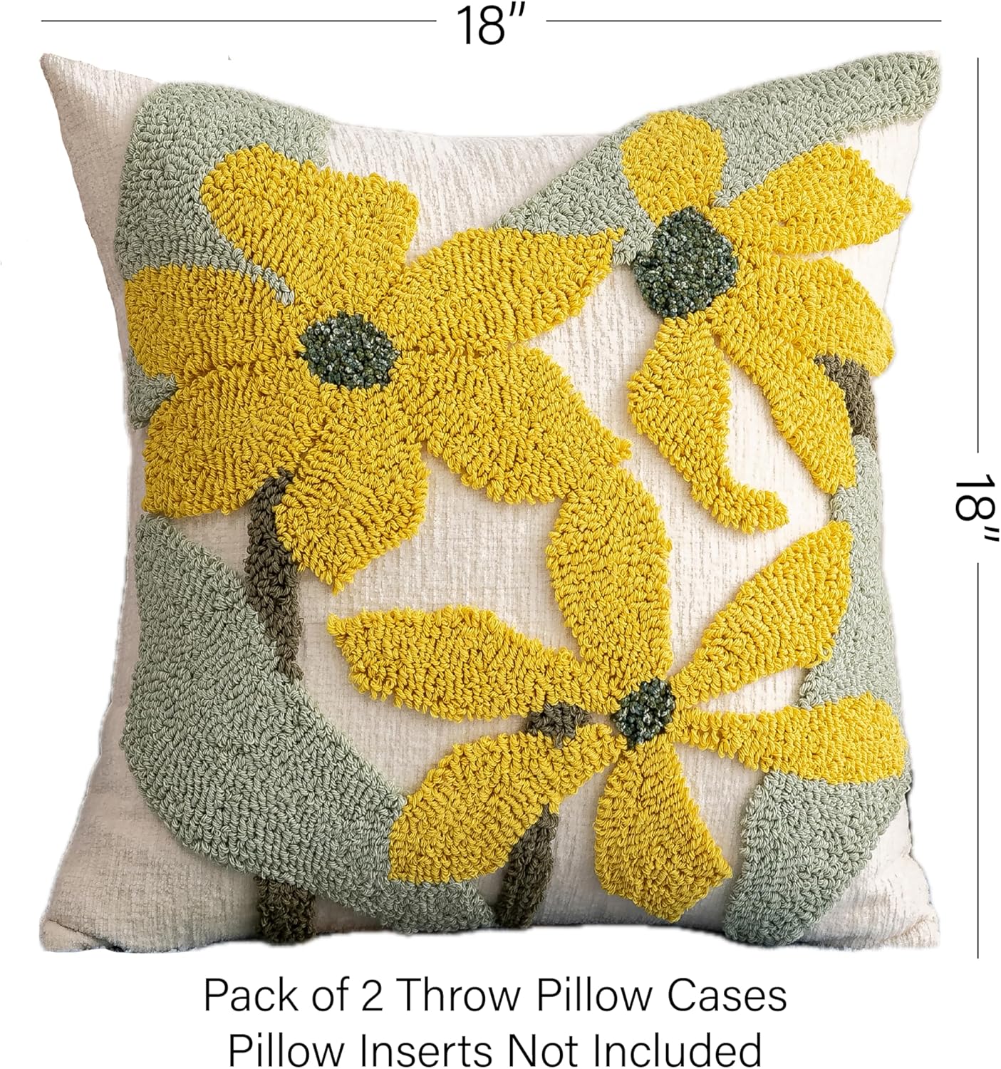 Yellow Floral Embroidered Throw Pillow Covers 18" x 18" Set of 2, Farmhouse Flowers Green Leaves Tufted Patterned Cushion Cases for Couch Bed Living Room Decor