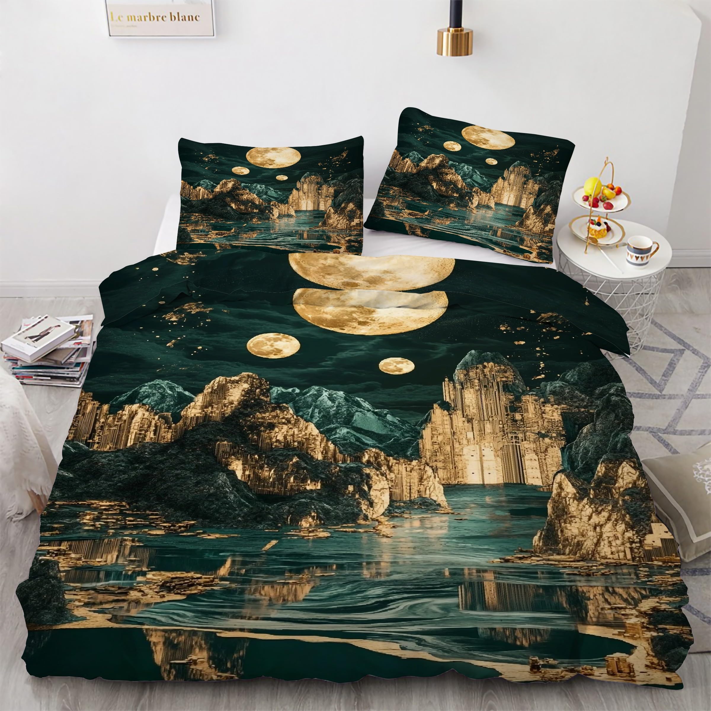Housse de couette 240 x 260 lune avec parure de lit 3 pièces microfibre