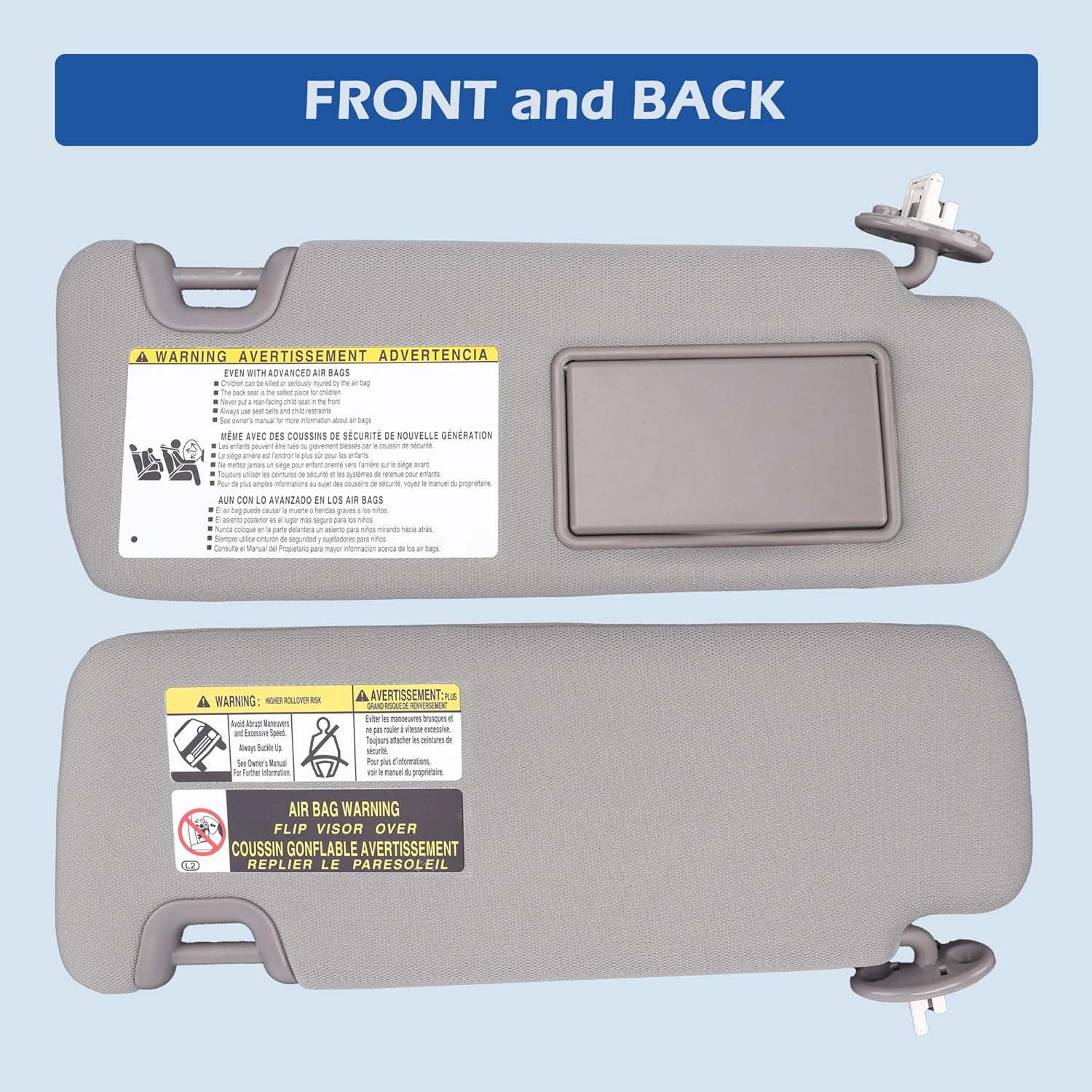 Right Passenger Side Sun Visor Compatible with 2014 2015 2016 2017 2018 2019 Toyota Highlander with Mirror and Light Replaces OE 74310-0E074-B0, Gray
