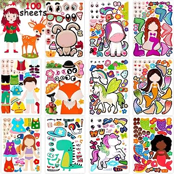 100 حزمة DIY جعل ملصقات وجه الحيوان الخاصة بك - 25 تصاميم، مضحك حورية البحر الأميرة الأمير ملصقات الوجه للأطفال، حزب & مهرجان صالح، مكافأة المدرسة، الفن والحرف