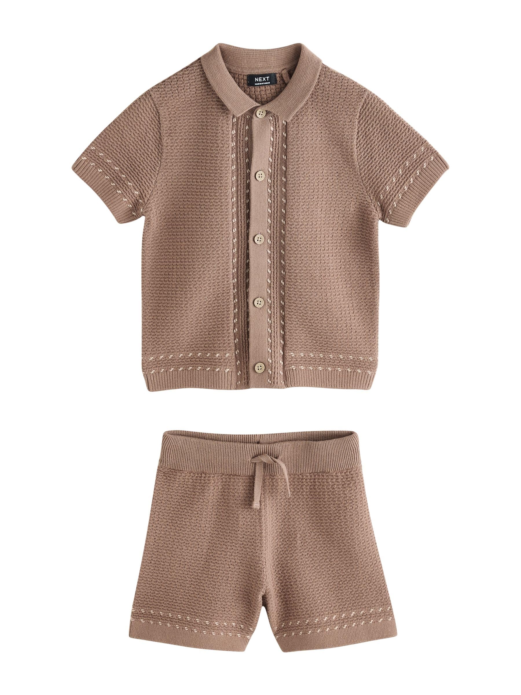 NEXT Jungen Strukturiertes Strick-Poloshirt mit Knopfleiste und Shorts, Set