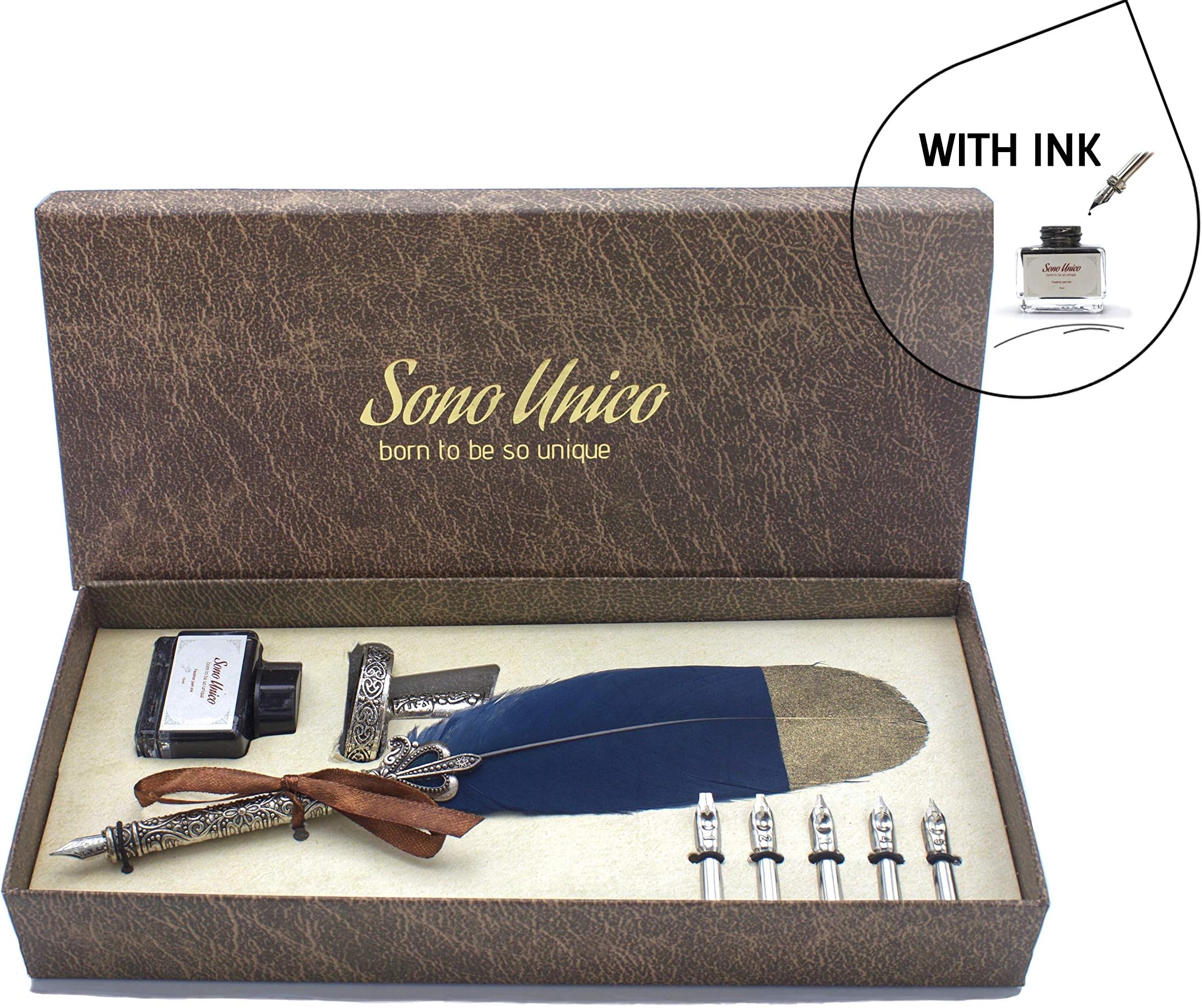 ⭐️Calligraphy Dip Pen-Vintage Calligraphy Quill Set-Antique Pen Holder Kit-Old Fashioned feather- Foutain Pen-Gift Box 260x114mm- black Ink Bottle-Bi Coulour