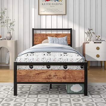 HOJINLINERO Single Bed Frame with Wooden Headboard,Bed Frame Single,Brown
