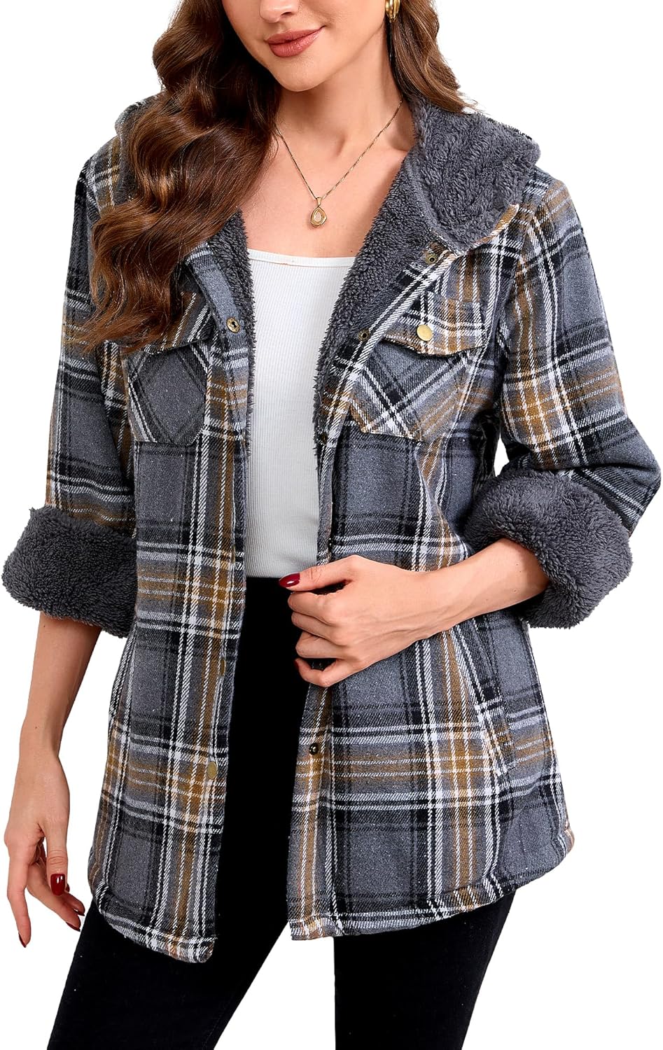 Elesuit Women's Fleece Flannel Jacket Plaid Sherpa Lined Jacket Long Sleeve Button Down Hooded Jackets for Women - Image 2