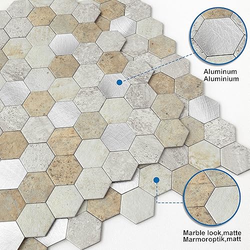 Miniatura 8 de MOFIT - Azulejos hexagonales para salpicaduras de cocina, autoadhesivos, de metal y mármol, diseño de panal de abejas para despegar y pegar,