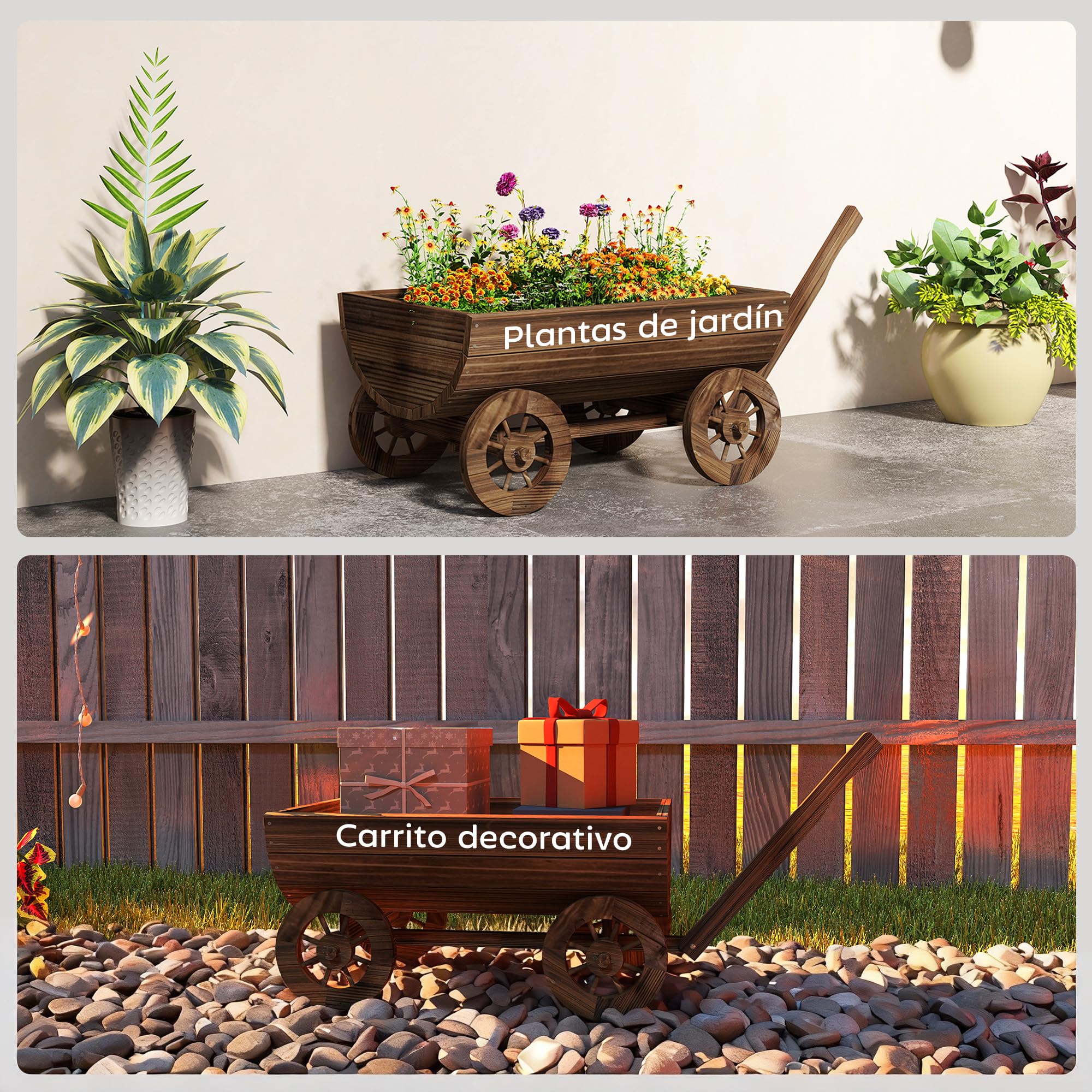 Outsunny Carrito de Madera Decorativa con 4 Ruedas y Mango 115x40x54,5 cm | Jardinera Exterior Móvil con Orificio de Drenaje, Macetero Exterior para Cultivos, Plantas, Jardín, Terraza, Carbonizado
