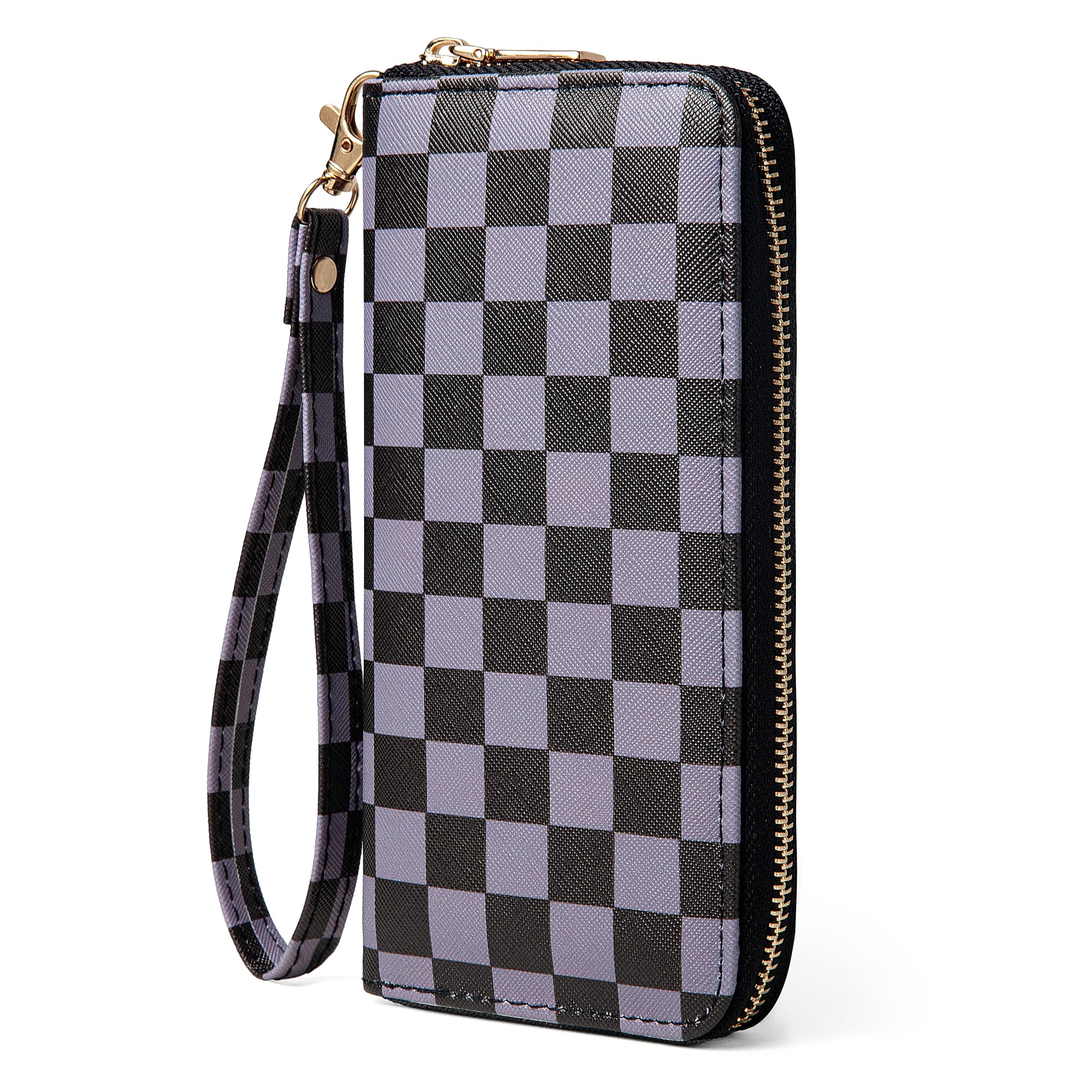 Purple Checkered Wallet for Women, Zip Around Wristlet Purse