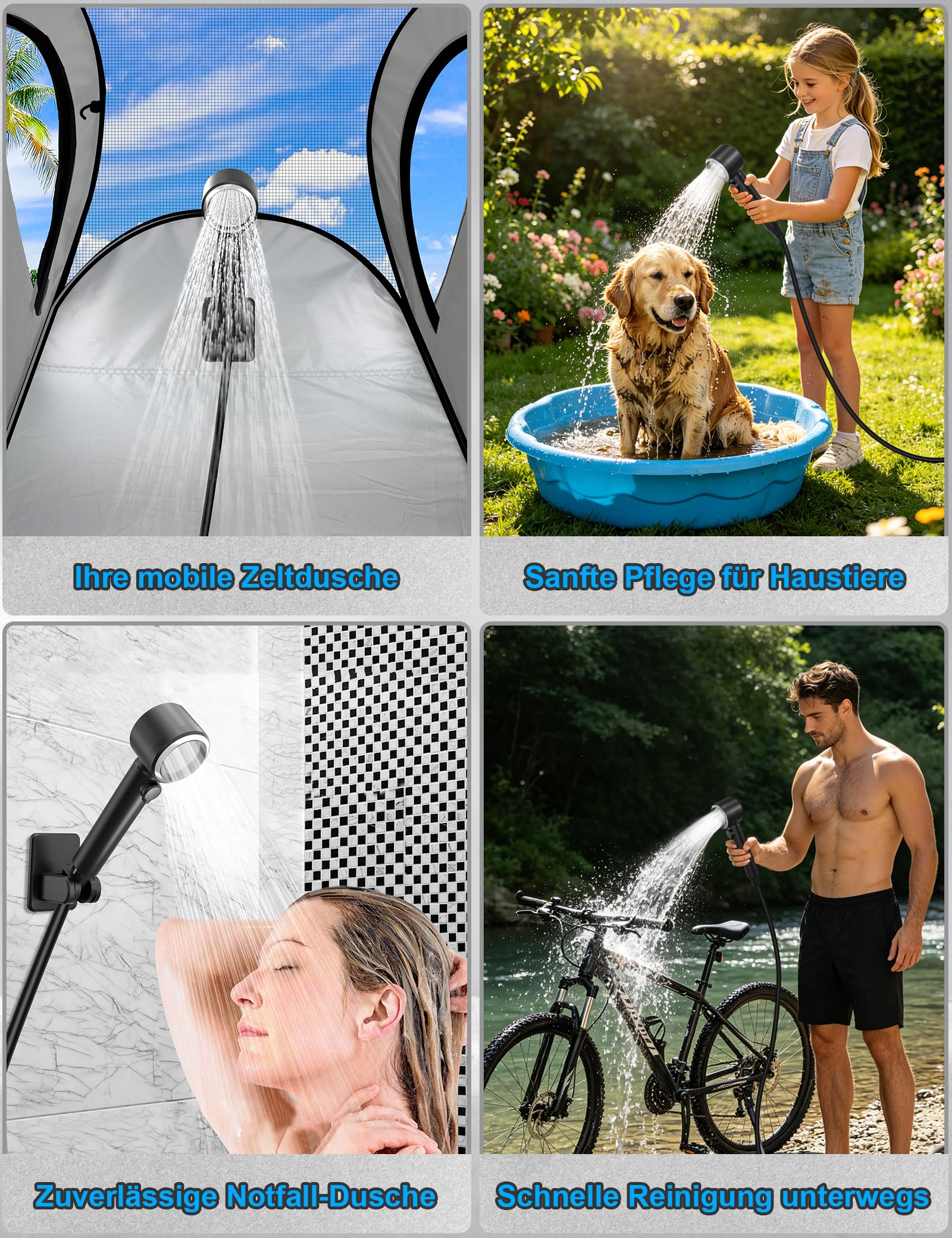 LIBERRWAY Campingdusche mit Akku & Pumpe, 8000mAh, bis zu 3h Outdoor Dusche, IPX8 Tauchpumpe, Camping Dusche mit Temperatur-/Akkuanzeige, 5 Stufen, Duschkopf, 2m Schlauch für Garten, Hund, Auto
