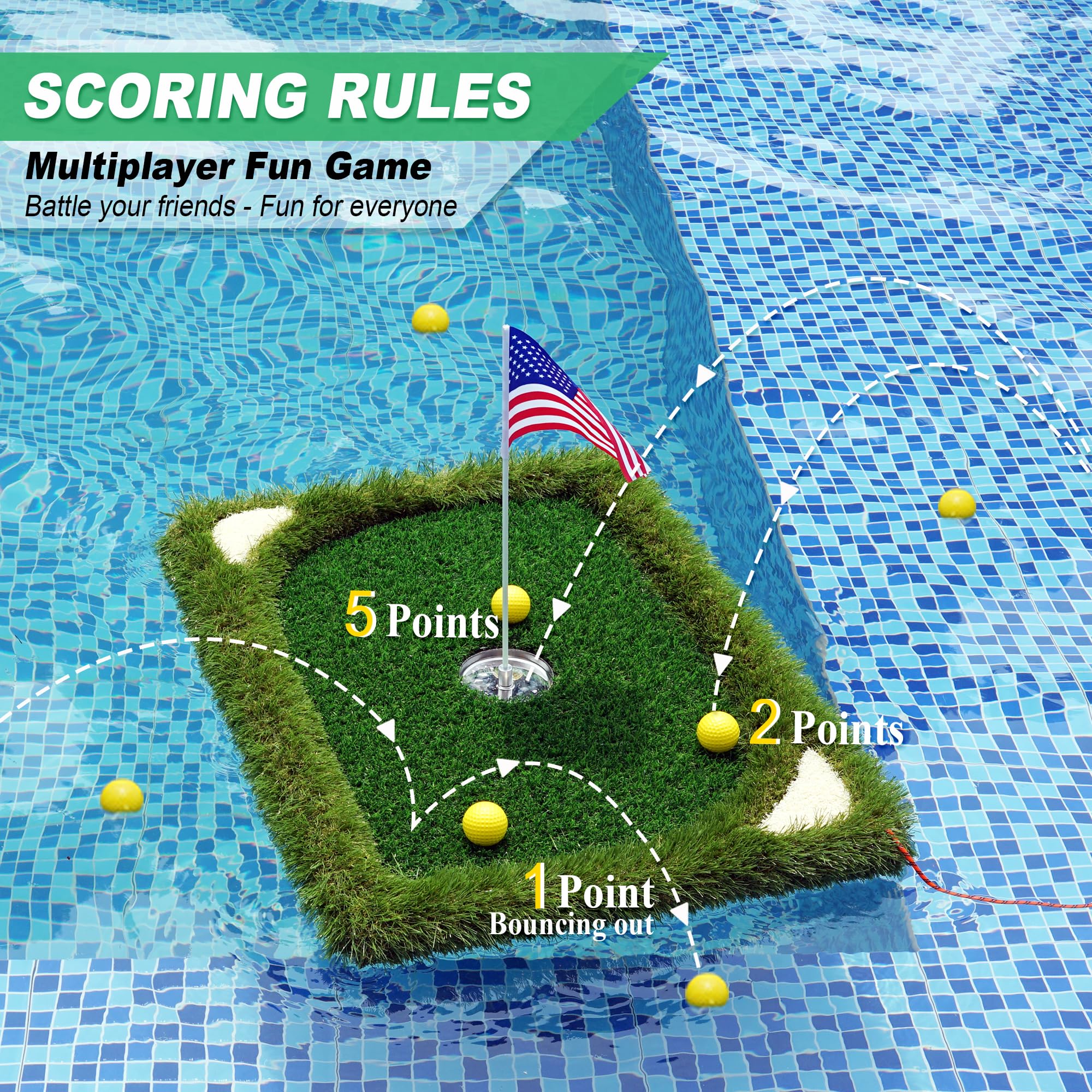 SENSECLUB Vert flottant pour piscine, jeu de golf flottant avec tapis de copeaux et 12 balles en mousse