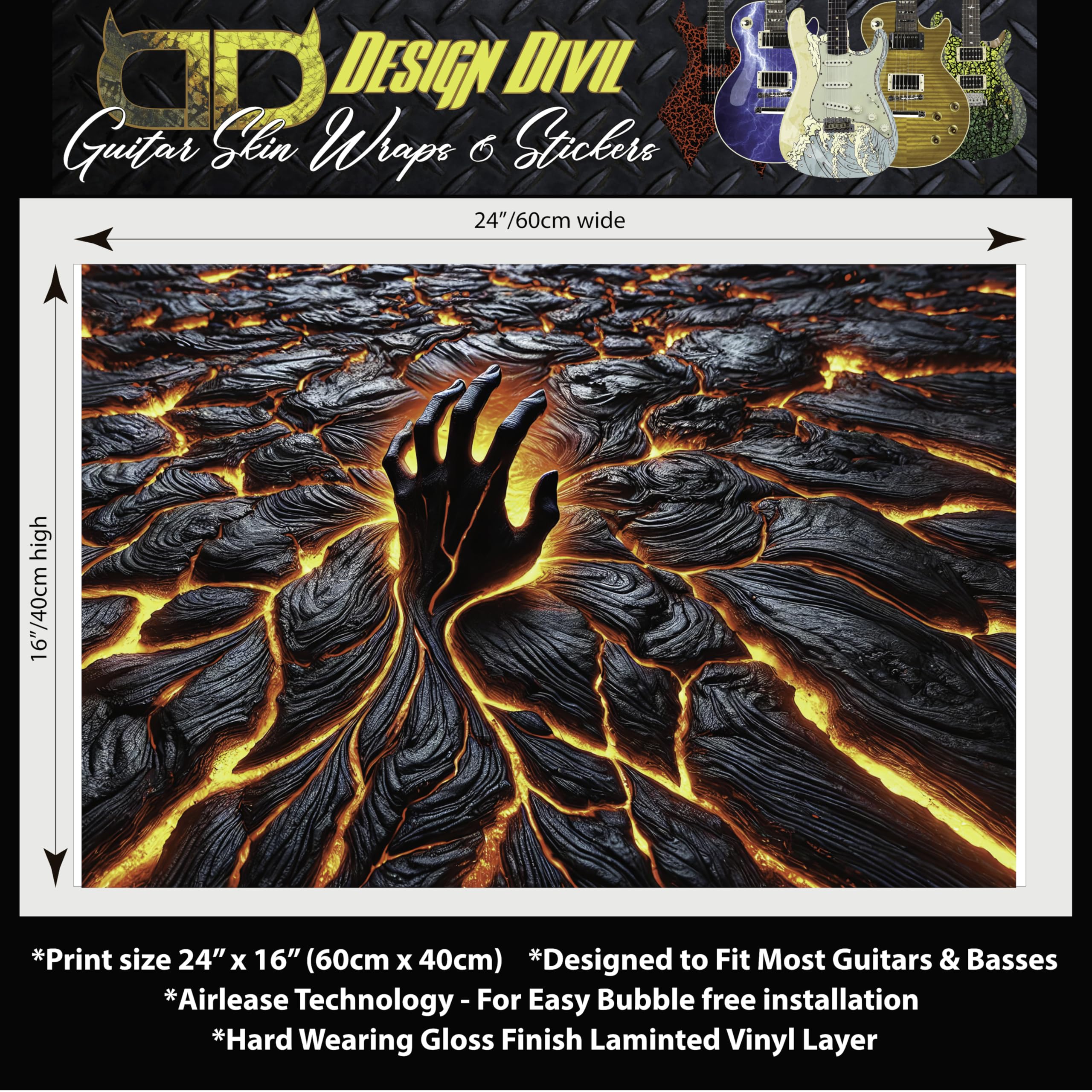 DesignDivil Adhesivo de vinilo impreso laminado GS229 para guitarra o bajo con texto en inglés "The Lava Hand"