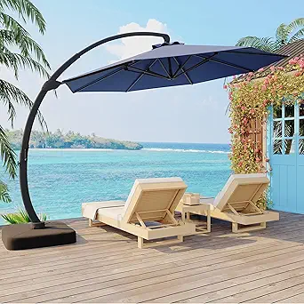 11FT Cantilever Patio Umbrella With Base Included, Cantilevers Outdoor Umbrella Heavy Duty Offset, Aluminium Curved Cantilever Umbrella
