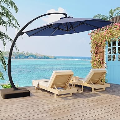 11FT Cantilever Patio Umbrella With Base Included, Cantilevers Outdoor Umbrella Heavy Duty Offset, Aluminium Curved Cantilever Umbrella