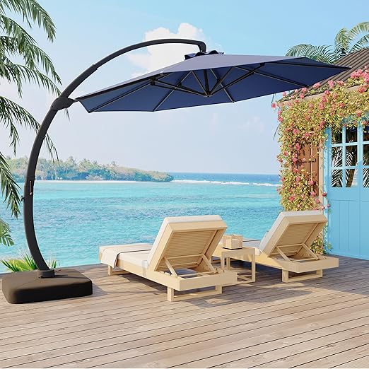11FT Cantilever Patio Umbrella With Base Included, Cantilevers Outdoor Umbrella Heavy Duty Offset, Aluminium Curved Cantilever Umbrella