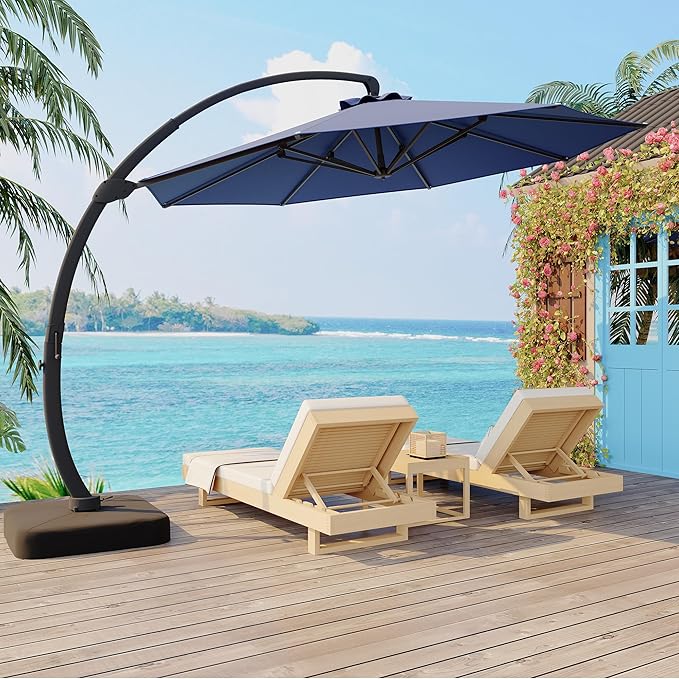 11FT Cantilever Patio Umbrella With Base Included, Cantilevers Outdoor Umbrella Heavy Duty Offset, Aluminium Curved Cantilever Umbrella