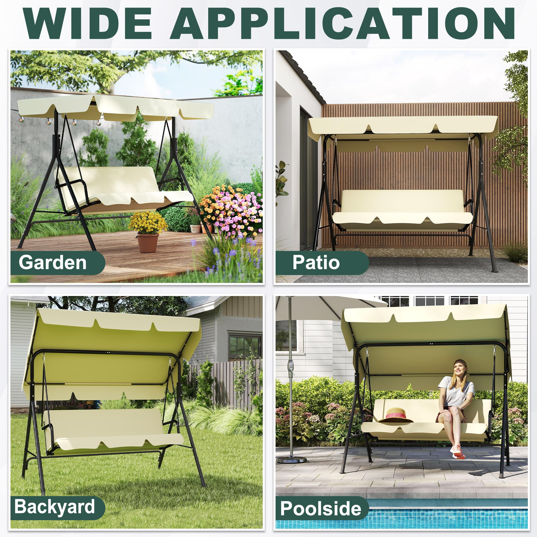SUBTLETY Balancín de jardín de 3 plazas para familias, 176 x 110 x 152 cm, columpio de jardín con techo ajustable y función reclinable, banco de acero recubierto de polvo para jardín y terraza