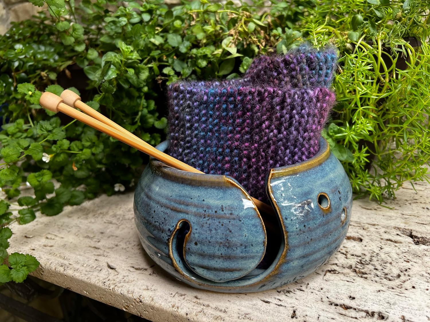 Yarn Bowl for Knitting and Crochet, Handmade Stoneware Ceramic, Blue