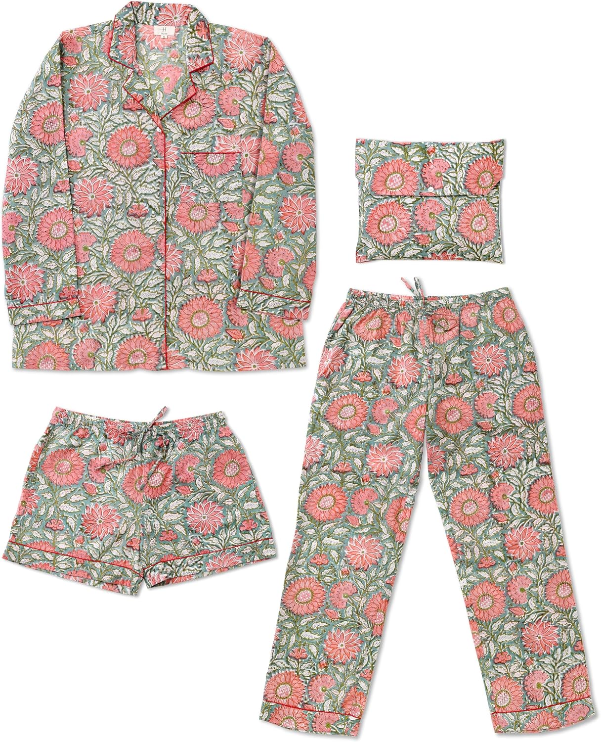 Huar Women Pajama Set, 4 pcs Button Down Vacation Beach Cotton Set, Lounge wear PJ Set For Birthday