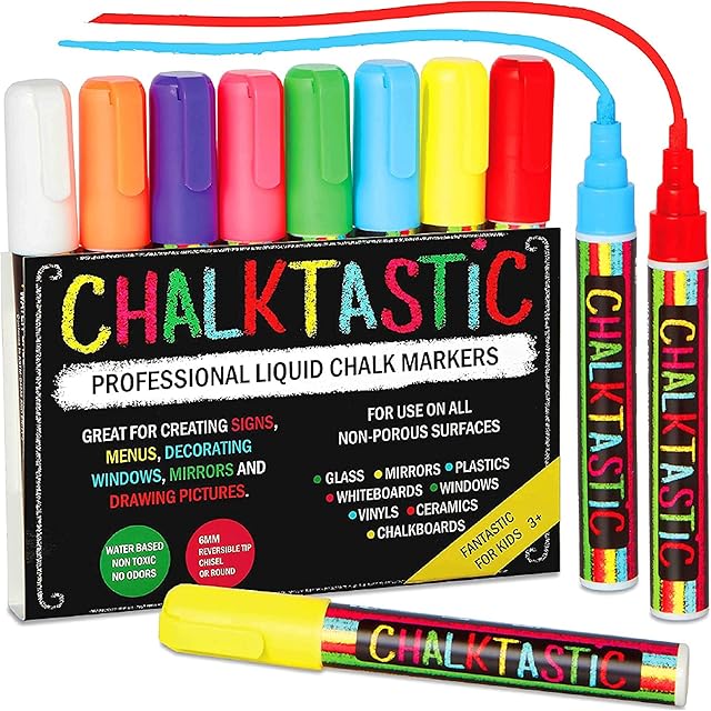Chalktastic Liquid Chalk Pens - Set of 18 Neon, Washable Chalkboard Pens for School Blackboard, Menu Board, Mirror, Ceramics & Car Window Glass