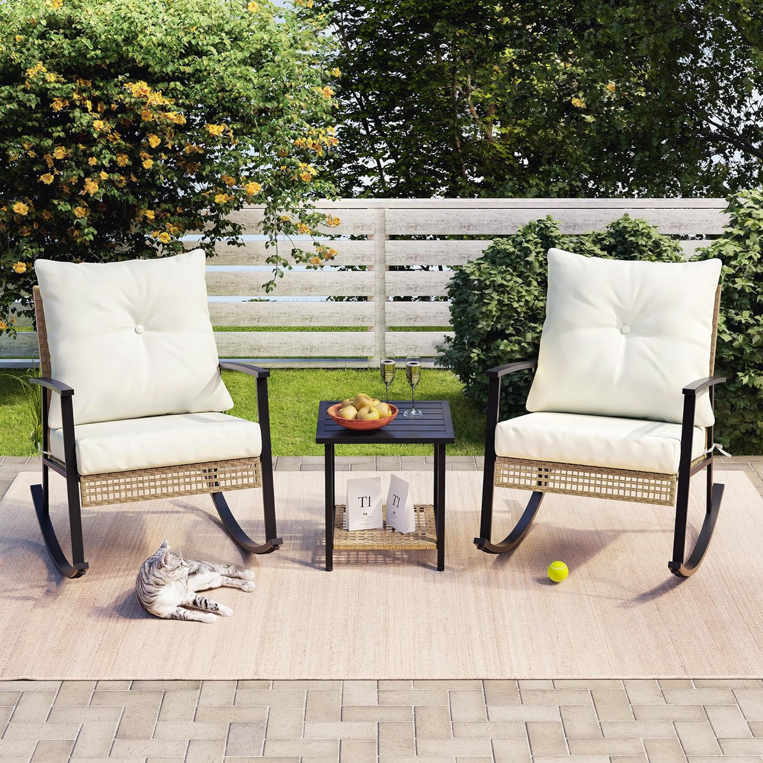 SUNCOZE 3 Piece Patio Furniture Set, Outdoor Rocking Chairs Set of 2 with Coffee Table, Patio Bistro Set Patio Rocking Chair Oversize Rattan Conversation Sets for Garden, Balcony, Backyard