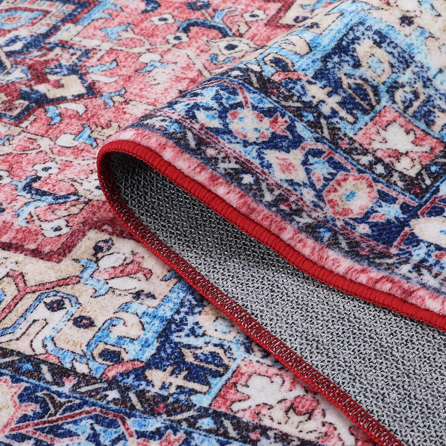 Boho Vintage Medallion Area Rug - 5x7 Washable Floral Print Rug, Easy-Cleaning, Low-Pile, Non-Shedding, Non-Slip Soft Accent Carpet for Dining Room, Home Office, Bedroom, Entryway