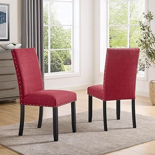 Roundhill Furniture Biony - Sillas de comedor de tela con ribete de clavos, juego de 2, color rojo