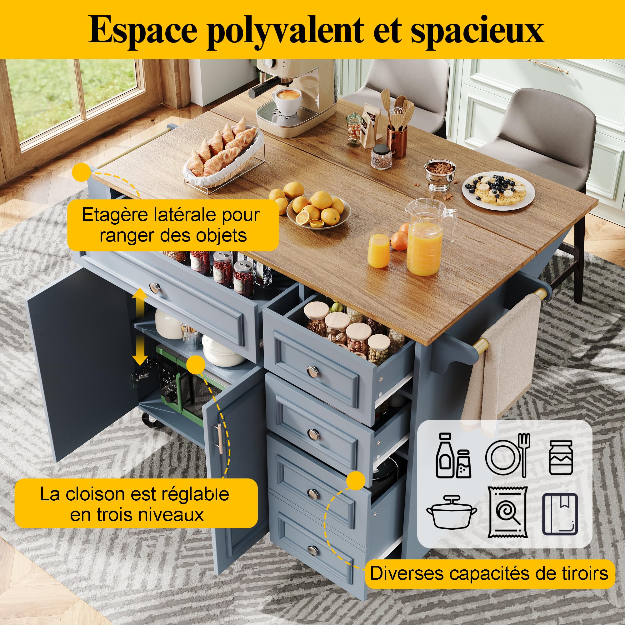 TIZZ Isola da cucina, 110 x 45 x 75 x 92 cm, moderna credenza da cucina, carrello da portata rimovibile, stile vintage, tavolo da pranzo multifunzione con spazio di archiviazione, blu