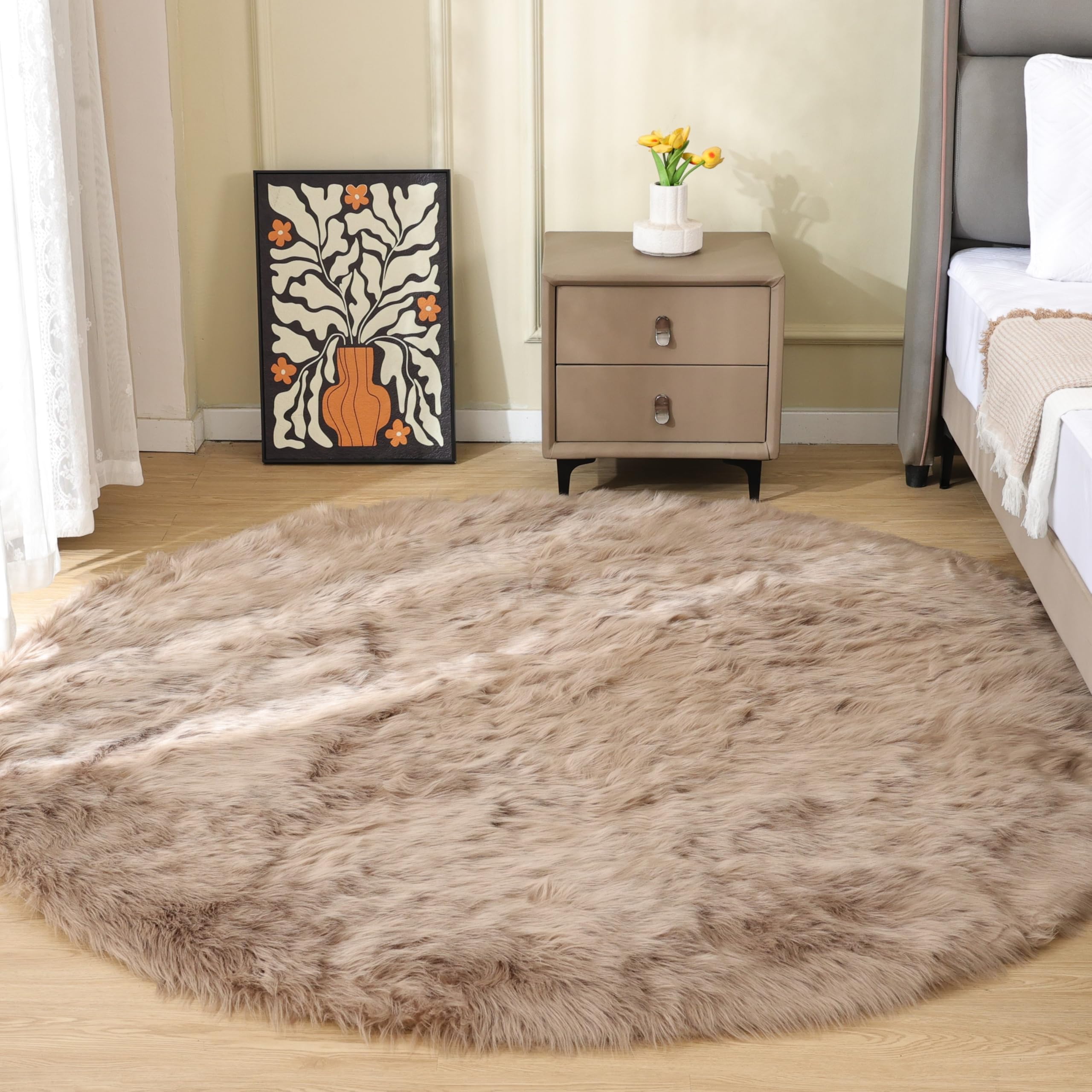 Photo 1 of ORINOVA Beige Round Rugs 6ft Fuzzy Faux Sheepskin Washable Fluffy Fur Area Rugs for Bedroom Large Circle Nursery Living Room Shag Rug