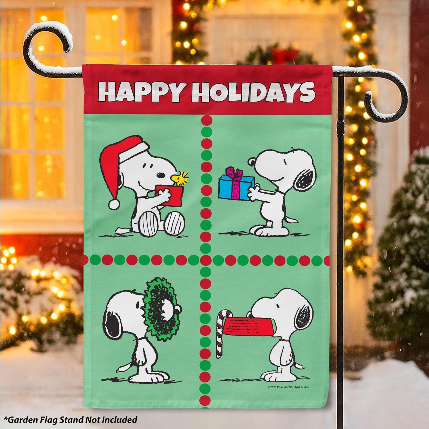 Flagology, PEANUTS, Happy Holidays 4-Block – Garden Flag 12" x 18", Officially Licensed Peanuts, Christmas