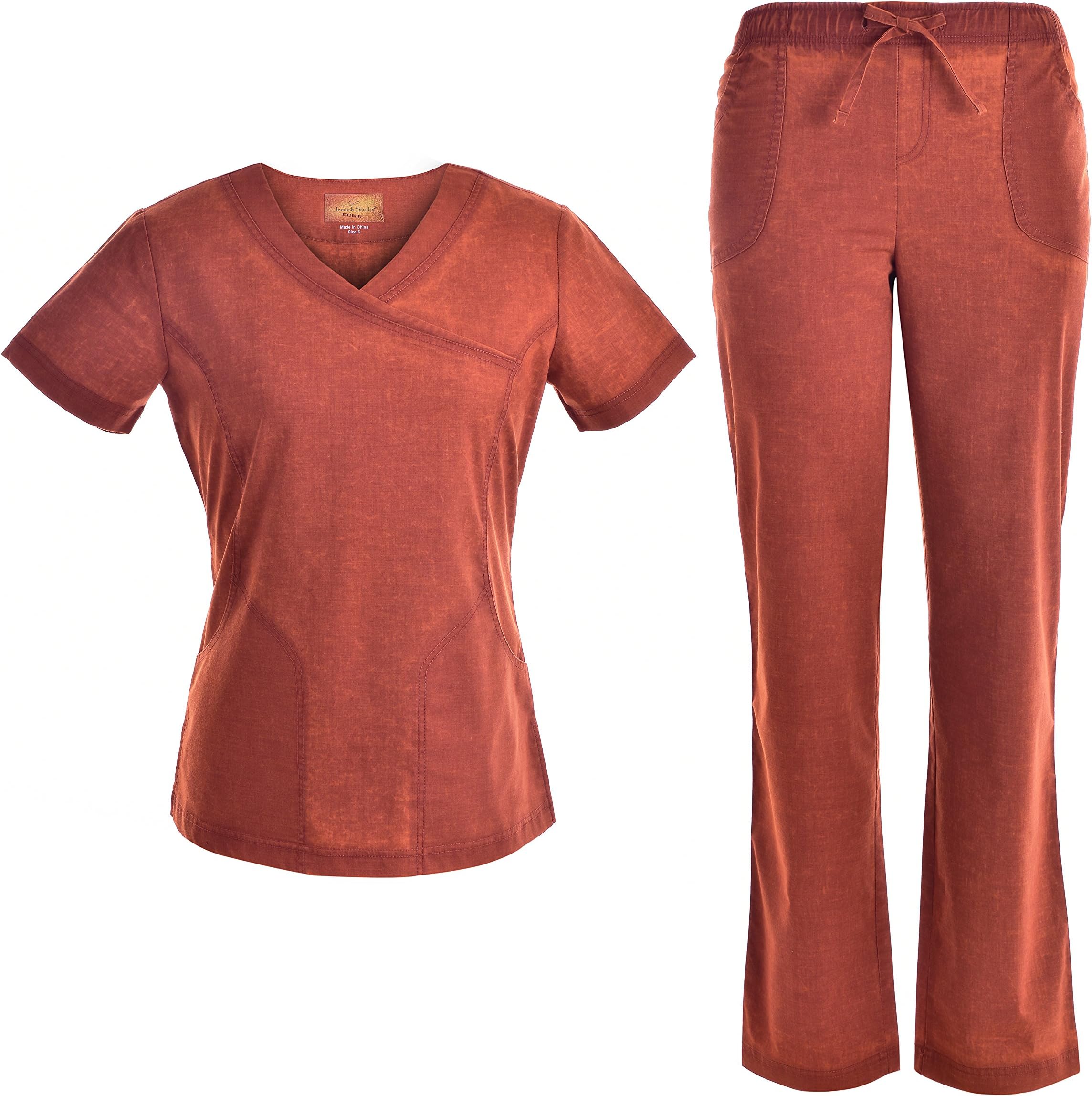 Women Mock Wrap Neck Stretch Set - Women Scrub Top Soft Uniforms Top and Pants Jeanish Washed JS1608