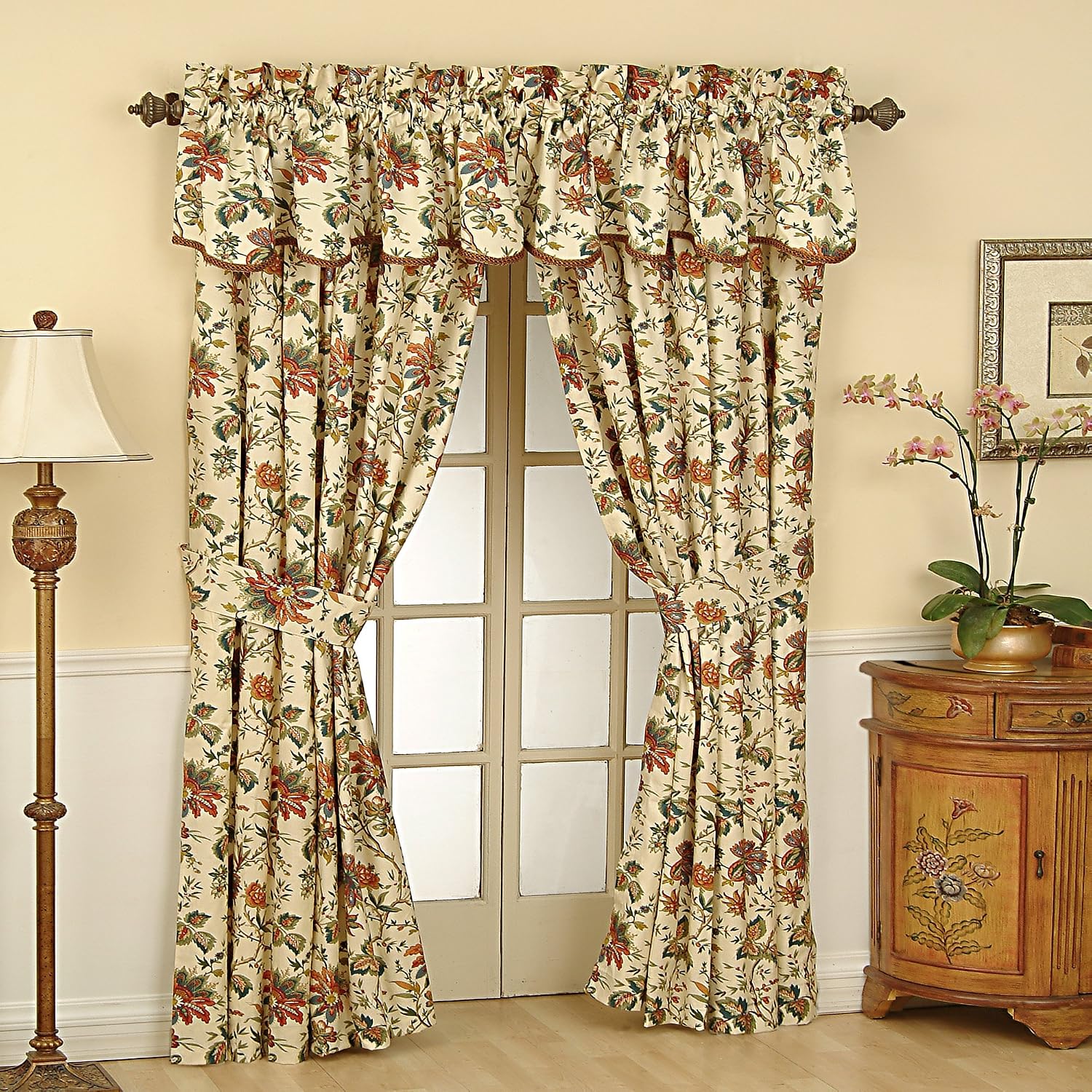 Waverly Felicite Floral Pattern with Grimp Trim Window Valance Curtains, 50" x 15", Creme
