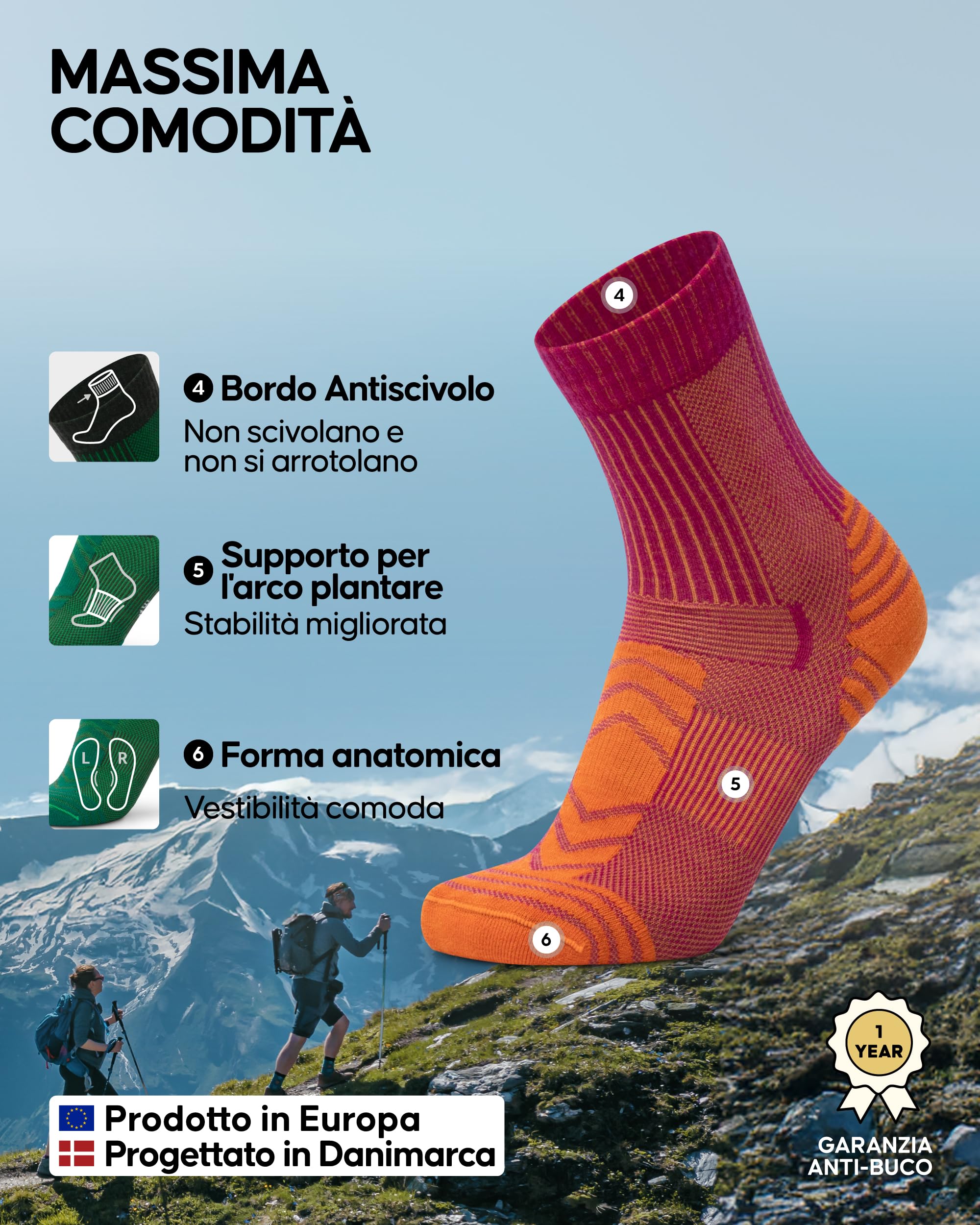DANISH ENDURANCE Calze Trekking Leggere in Lana Merino, Anti-Vesciche, Traspiranti, da Uomo, Donna, Bambino, 3 Paia
