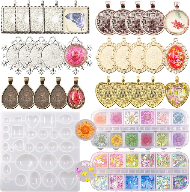 SnailGarden Jewelry Pendant Moulds,Silicone Resin Kits,with Pendant Trays Round Square Heart Teardrop Oval,Dried Flower and Butterfly Glitter for Resin DIY Jewelry Making Crafting