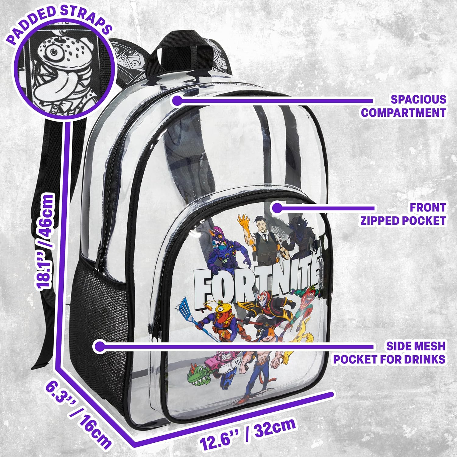 Get Trend Fortnite Clear Backpack for Boys for School, Travel, Festival | 17 inch Transparent School Bookbag, See Through Travel Bag with Padded Straps, Stadium Events, Concert, Gamer Gifts for Boys
