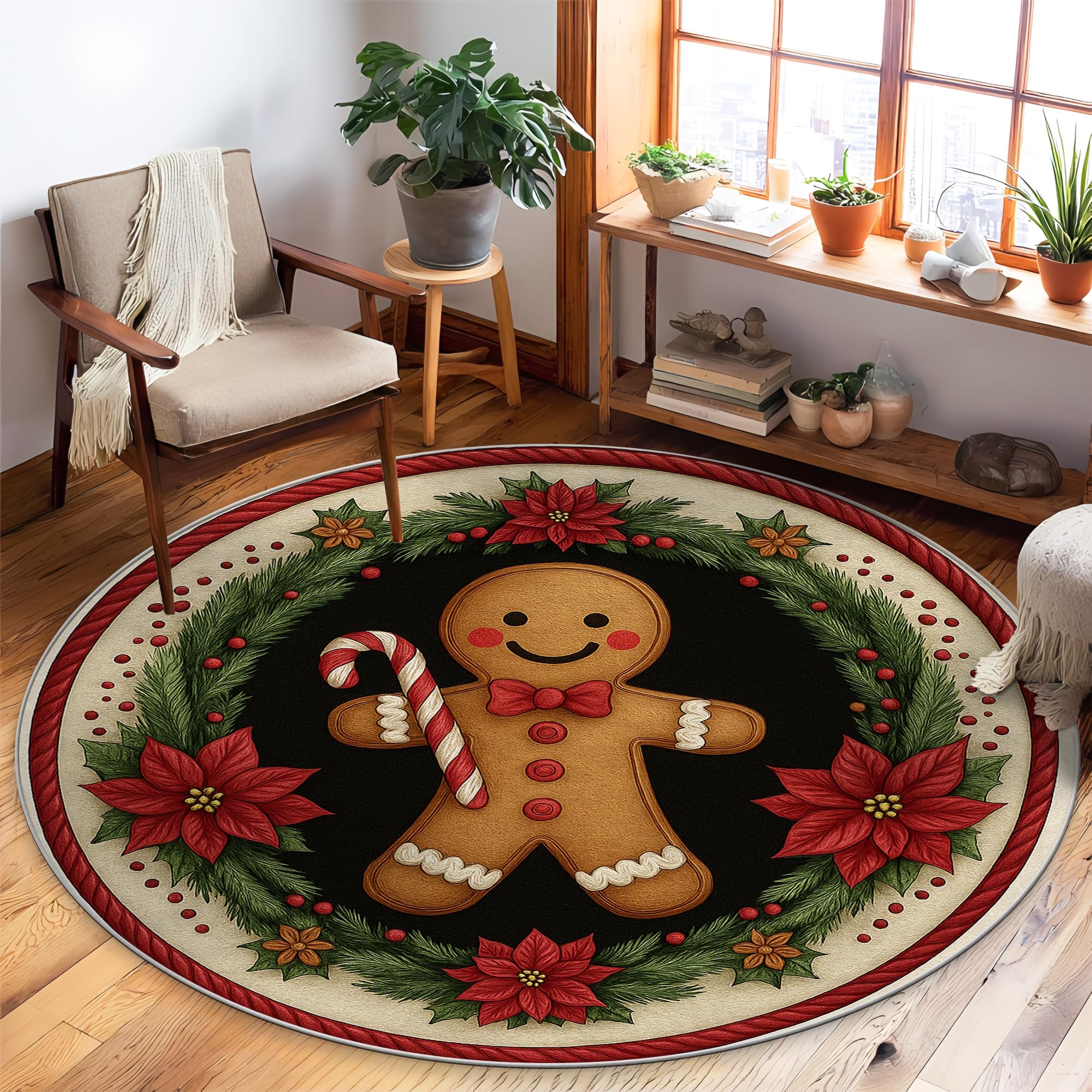 Tapis bonhomme en pain d'épices rond antidérapant de Noël pour salon et chambre