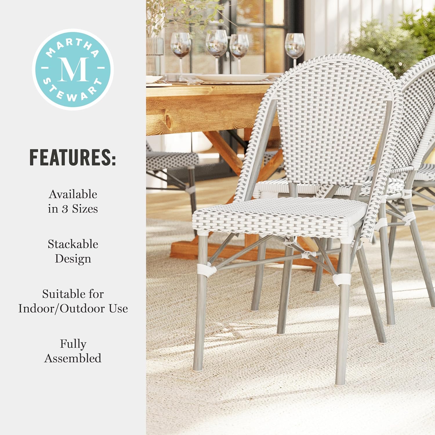 Martha Stewart Lily Pond Indoor-Outdoor Stackable Aluminum Bistro Chair with Gray Woodgrain Frame Finish and White/Gray Woven Rattan Backrest and Seat