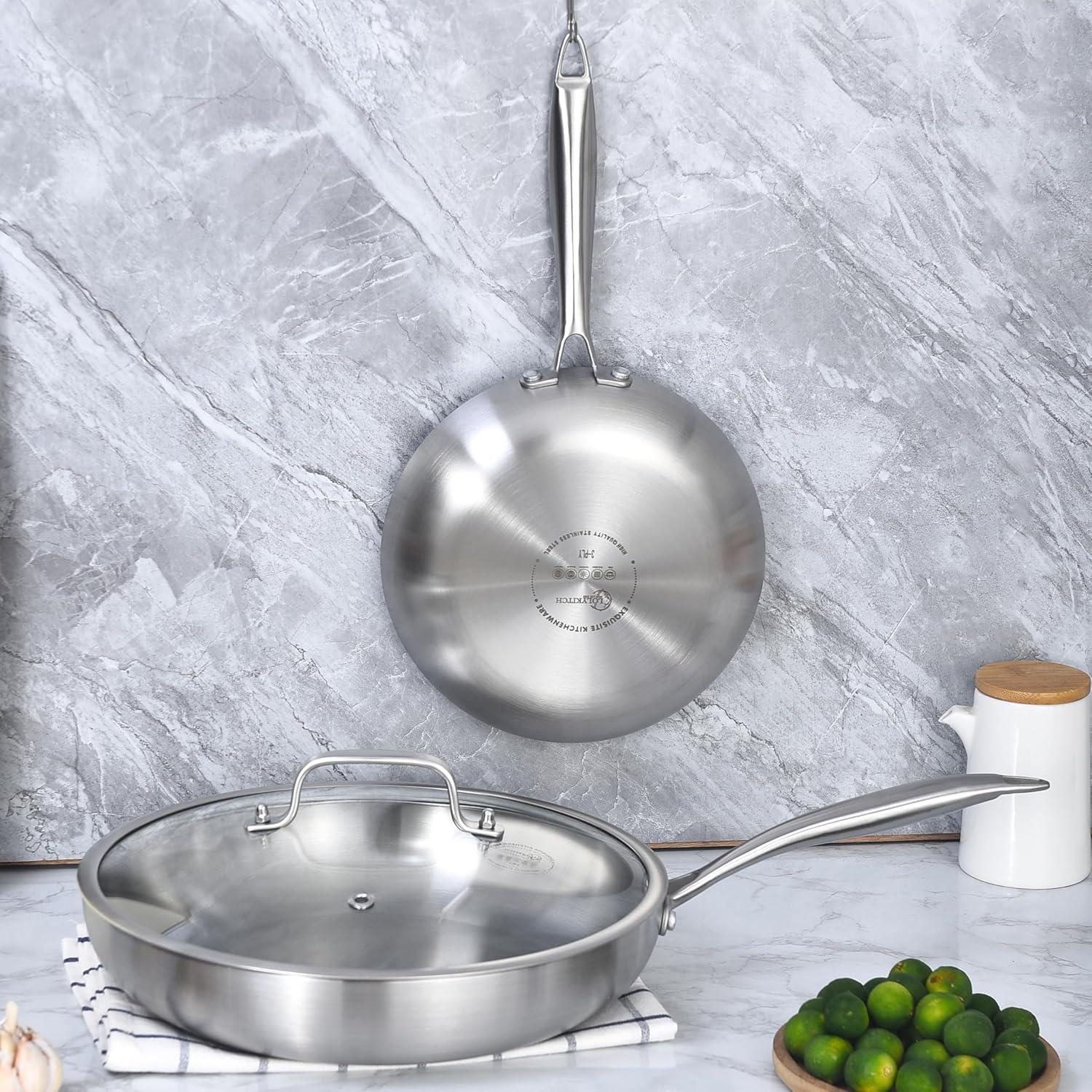 LOLYKITCH 8.5-10 Inch Tri-ply Stainless Steel Frying Pan Set with Lid,Skillets,Induction Cookware,Dishwasher and Oven Safe - Image 6