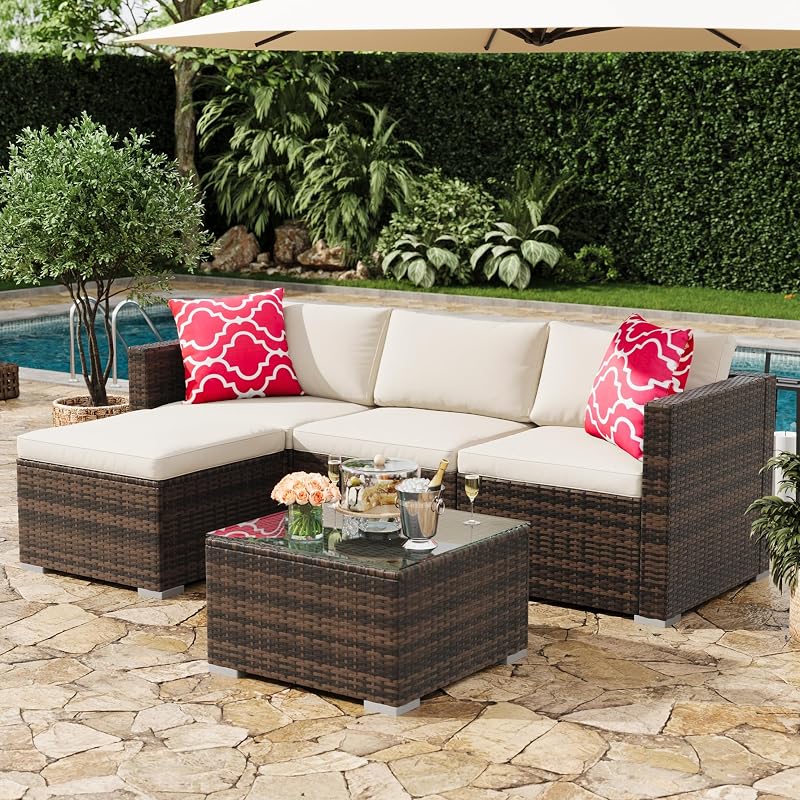 5-Piece Outdoor Sectional Sofa Set, All-Weather PE Rattan Patio Furniture with Ottoman & Tempered Glass Table, Convertible Garden Couch for Backyard, Porch, Poolside (Brown/Beige)