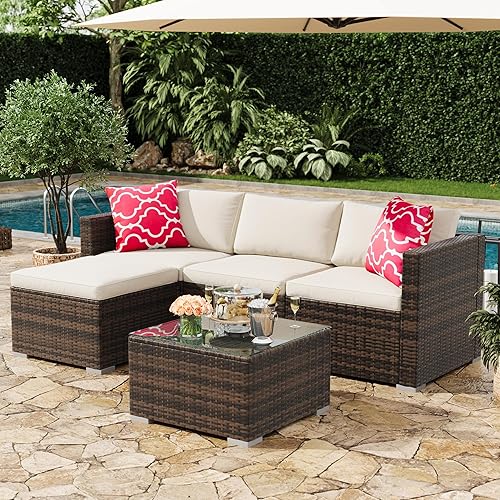 5-Piece Outdoor Sectional Sofa Set, All-Weather PE Rattan Patio Furniture with Ottoman & Tempered Glass Table, Convertible Garden Couch for Backyard, Porch, Poolside (Brown/Beige)