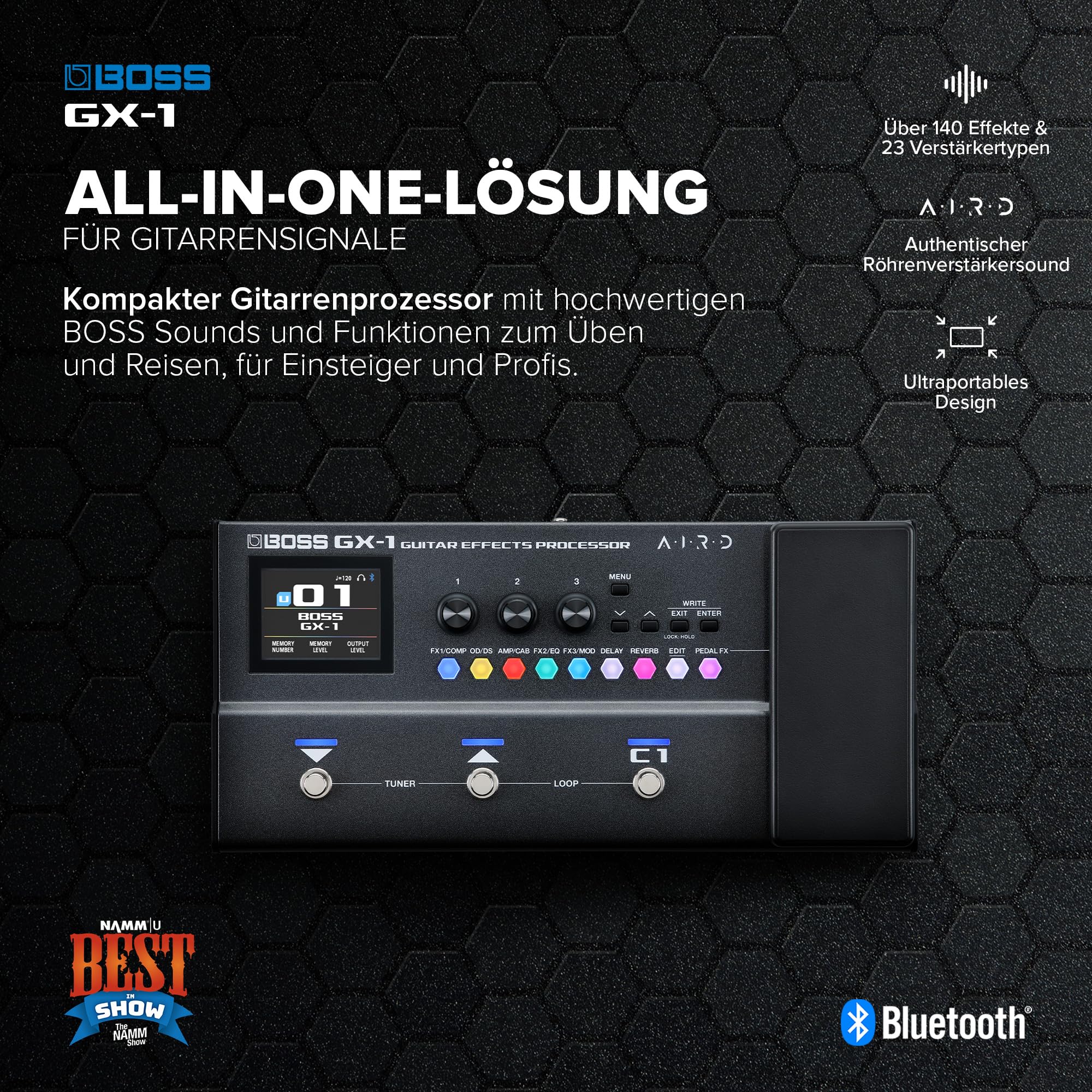 BOSS GX-1 | Ultraportabler Gitarren-Effektprozessor | Legendäre Verstärker & Effekte | Hochwertige AIRD Soundengine | Ideal für Gitarren-Einsteiger | Bluetooth | Flexible Stromversorgung
