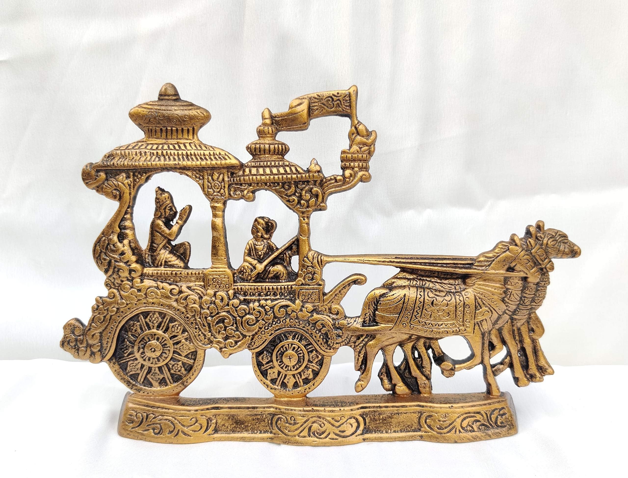 Akriti Brass Metal Aluminum Arjun Krishna Rath Chariot Statue Size (L*B*H - 29 * 4 * 20CM) for Home Décor & Gifting, Made in India, Brass-Golden Antique Color, 1 Piece