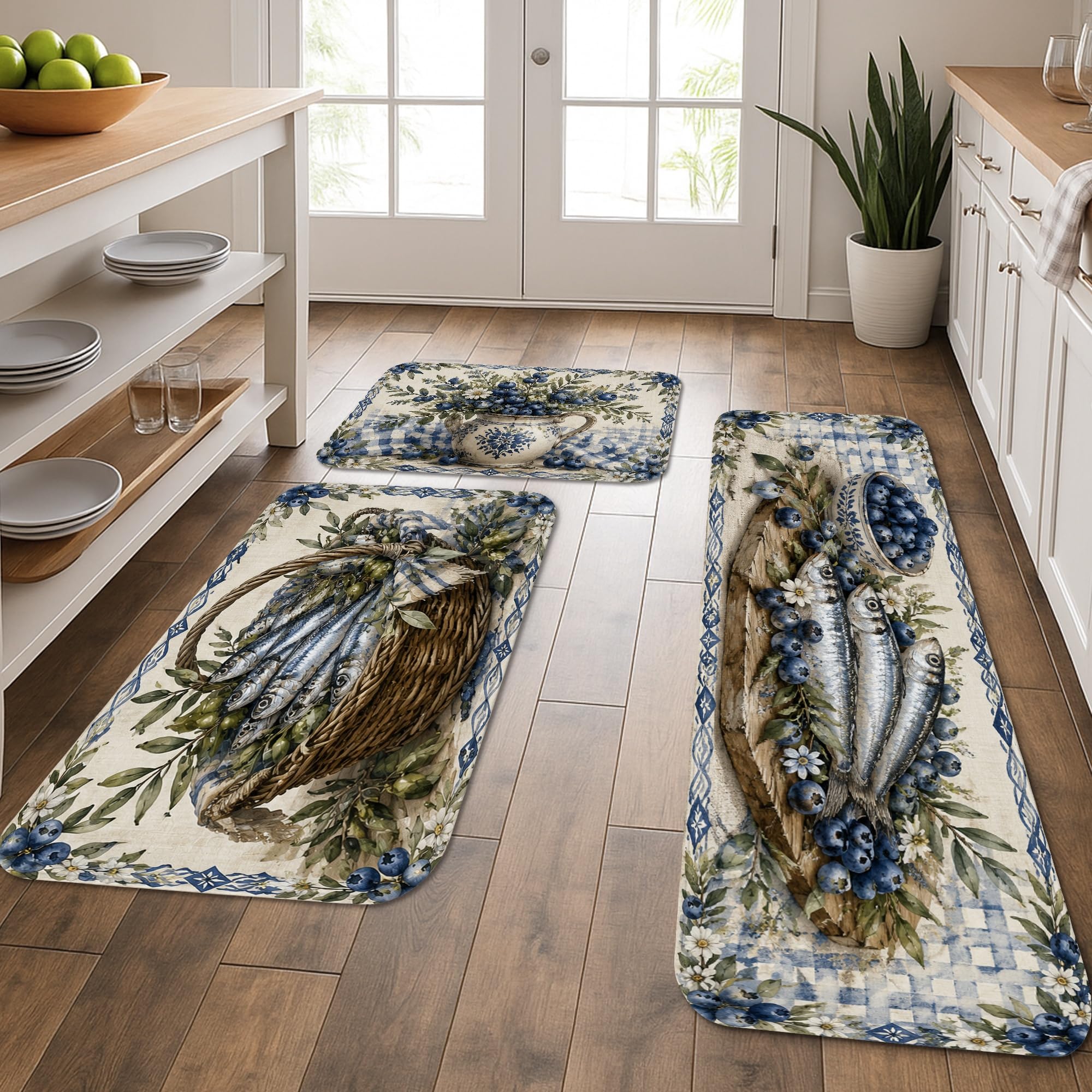 Tapis de décoration côtière vintage bleu pour évier et buanderie