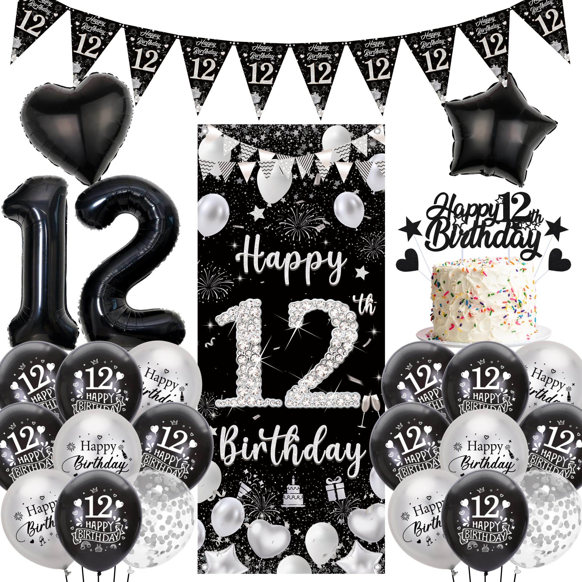 Happy 12th Birthday Party Decorations - Black Silver Official Pre Teen Door Banner Set with Pennants Bunting, Cake Topper and Foil Balloon for 12 Year Old Party Supplies โ image 1