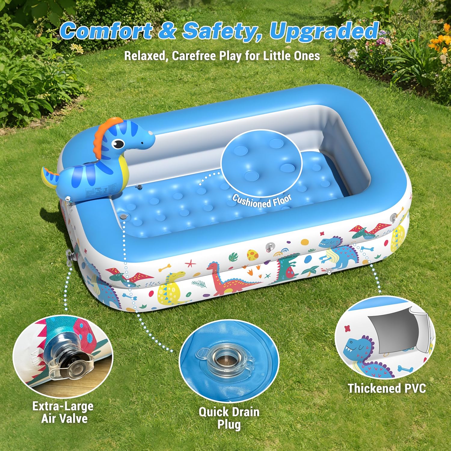 JOSEN Dinosaur Kiddie Pool with Canopy and Sprinkler, Inflatable Baby Pool with Soft Cushioned Floor, Portable Toddler Blow Up Pool Ball Pit for Backyard, Outdoor/Indoor Play Toys